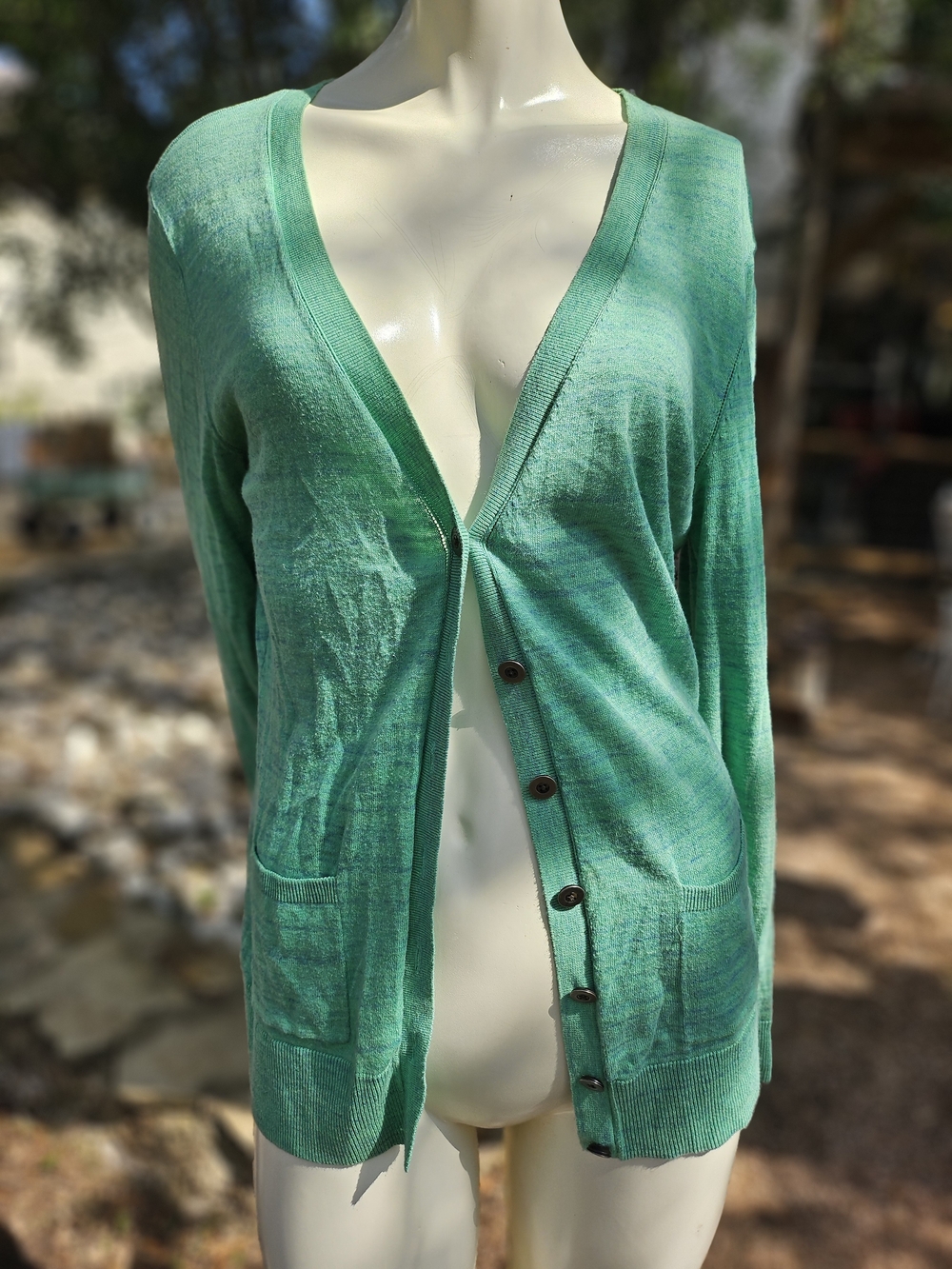 CAbi Green Cotton Knit V-Neck Button Front Cardigan M